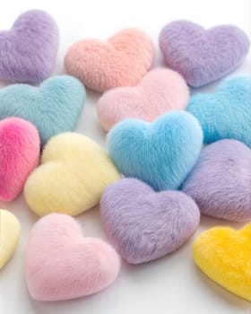 A close-up of fluffy heart-shaped plush toys in pastel colors, including pink, blue, yellow, and lavender, on a white background.