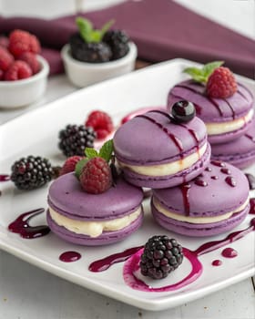 A close-up of delicious purple macarons drizzled with blackberry sauce, accompanied by fresh blackberries, perfect for dessert lovers.