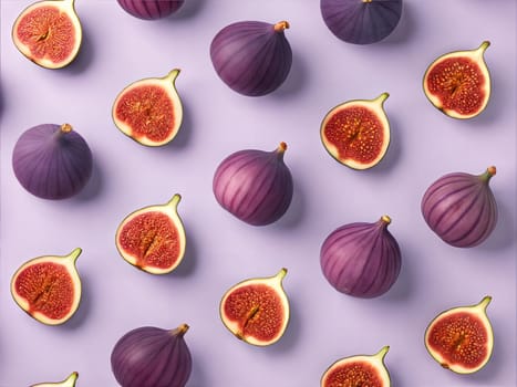A symmetrical and visually striking geometric arrangement of fresh fig halves, showcasing the vibrant red seeds on a soft purple background.