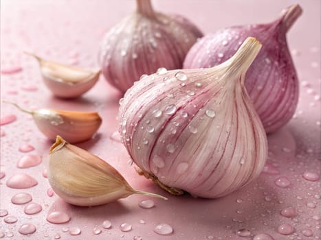 A close-up of garlic bulbs with water droplets on a pink background, showcasing the fresh and natural essence of garlic.