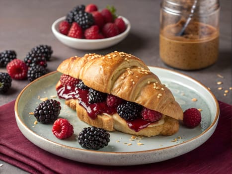 A sesame-crusted croissant filled with creamy peanut butter, served with fresh raspberries, blueberries, blackberries, and a jar of homemade jam. Perfect for breakfast or brunch.