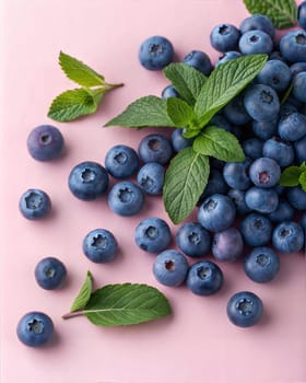 A vibrant close-up of fresh blueberries scattered with mint leaves, set against a soft pink background, showcasing the refreshing and healthy appeal of this berry combination.