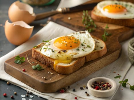 A close-up of a perfectly fried egg with a golden yolk placed on a toasted slice of bread. The dish is garnished with herbs and spices, perfect for a hearty breakfast.