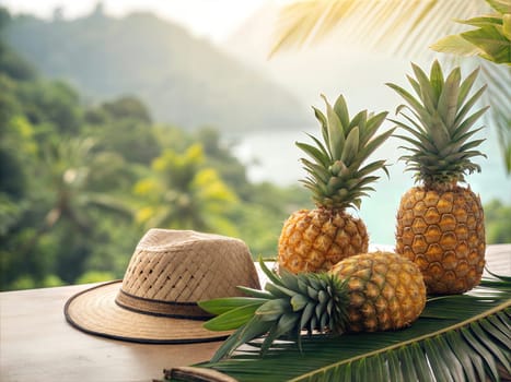 A tropical scene with fresh pineapples, a straw hat, and palm leaves on a wooden table, with a scenic background of lush greenery and sunlight