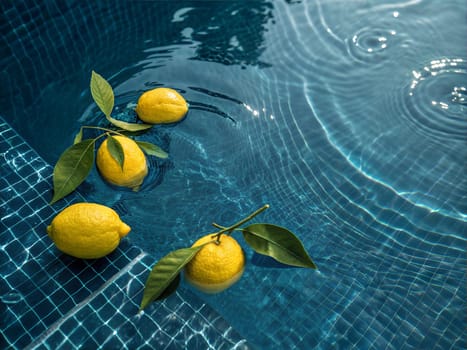 A close-up shot of vibrant lemons and green leaves floating in crystal-clear pool water, reflecting the essence of summer and tropical freshness.