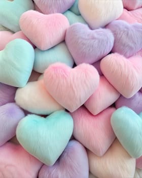 A close-up of fluffy heart-shaped plush toys in pastel colors, including pink, blue, yellow, and lavender, on a white background.