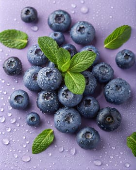 A close-up of fresh blueberries with dew drops, surrounded by mint leaves on a soft purple background, creating a refreshing and vibrant aesthetic.