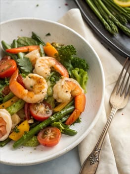 A close-up of a healthy shrimp and vegetable salad, featuring broccoli, asparagus, peppers, and cherry tomatoes. A delicious, colorful dish perfect for a nutritious meal or light lunch.
