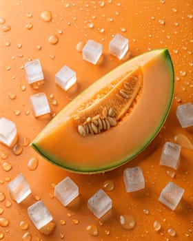 A close-up of a juicy cantaloupe melon slice surrounded by ice cubes and water droplets, capturing the refreshing essence of summer fruit.