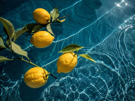A close-up shot of vibrant lemons and green leaves floating in crystal-clear pool water, reflecting the essence of summer and tropical freshness.