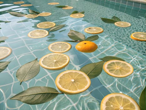 Fresh lemon slices and whole lemons floating in a pool, surrounded by green leaves, creating a refreshing and vibrant summer scene.