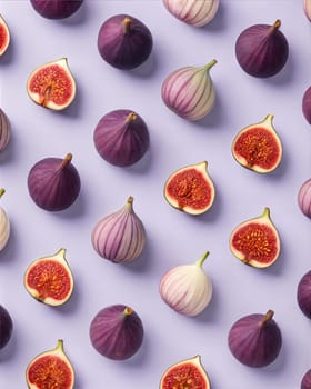 A symmetrical and visually striking geometric arrangement of fresh fig halves, showcasing the vibrant red seeds on a soft purple background.