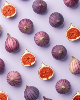 A symmetrical and visually striking geometric arrangement of fresh fig halves, showcasing the vibrant red seeds on a soft purple background.