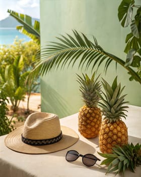 A tropical scene featuring two pineapples, a straw hat, and sunglasses on a table with palm leaves, set against a vibrant green backdrop of lush plants and clear skies.