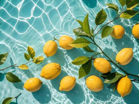 A fresh and vibrant image of bright yellow lemons floating in a crystal-clear teal pool, with leaves gently resting on the surface. Ideal for summer, citrus, refreshing, and healthy food concepts.