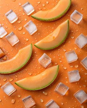 A close-up of cantaloupe slices surrounded by ice cubes and water droplets on an orange background, evoking a refreshing, summery feel.
