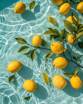 A fresh and vibrant image of bright yellow lemons floating in a crystal-clear teal pool, with leaves gently resting on the surface. Ideal for summer, citrus, refreshing, and healthy food concepts.