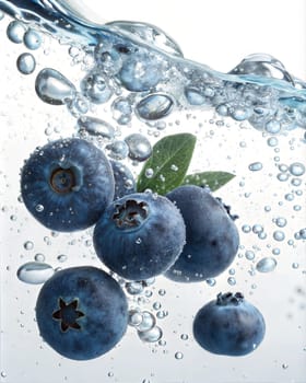 Fresh blueberries submerged in clear water, surrounded by bubbles, creating a refreshing and vibrant scene, perfect for fruit and wellness photography.