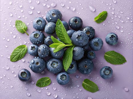 A close-up of fresh blueberries with dew drops, surrounded by mint leaves on a soft purple background, creating a refreshing and vibrant aesthetic.