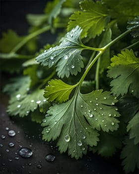 A close-up view of fresh cilantro leaves with droplets of water, highlighting their vibrant green color and delicate texture.
