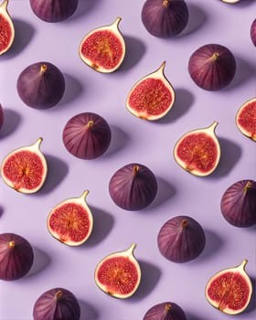 A symmetrical and visually striking geometric arrangement of fresh fig halves, showcasing the vibrant red seeds on a soft purple background.