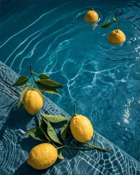 A close-up shot of vibrant lemons and green leaves floating in crystal-clear pool water, reflecting the essence of summer and tropical freshness.