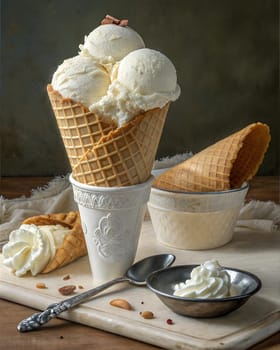 A delicious waffle cone topped with two scoops of vanilla ice cream and a small piece of chocolate, accompanied by a serving of whipped cream and an empty cone.