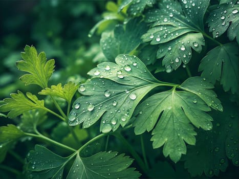A close-up view of fresh cilantro leaves with droplets of water, highlighting their vibrant green color and delicate texture.