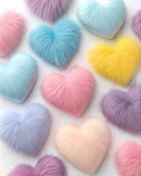 A close-up of fluffy heart-shaped plush toys in pastel colors, including pink, blue, yellow, and lavender, on a white background.