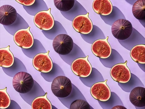 A symmetrical and visually striking geometric arrangement of fresh fig halves, showcasing the vibrant red seeds on a soft purple background.