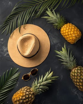 A flat lay of summer essentials including pineapples, a straw hat, and sunglasses on a dark background, evoking tropical vibes and vacation fun.