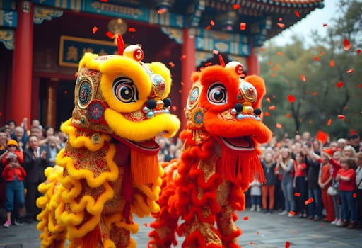A lively lion dance performance in front of a temple, with colorful costumes, red confetti, and an excited audience cheering.