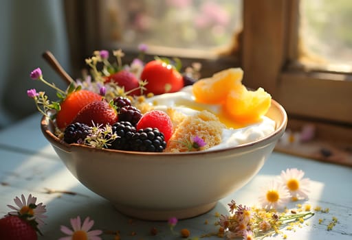 A vibrant breakfast bowl with yogurt, fresh fruits, honeycomb, and wildflowers, bathed in soft natural light from the window.