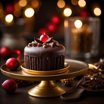 A dark chocolate truffle coated with a shiny glaze, adorned with edible gold flakes and cacao nibs.
