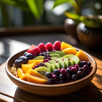 A colorful acai bowl topped with fresh fruits, resting on a bamboo tray in an open-air café surrounded by tropical plants and sunlit shadows.