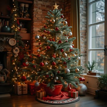 A beautifully decorated Christmas tree adorned with sparkling ornaments, twinkling lights, and festive decorations, bringing holiday cheer.