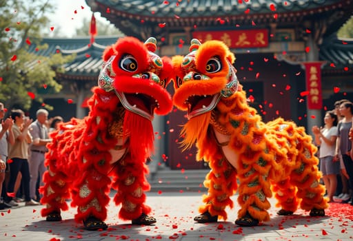 A lively lion dance performance in front of a temple, with colorful costumes, red confetti, and an excited audience cheering.