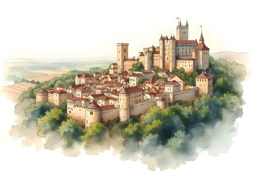 A soft watercolor rendering of Carcassonne, France, highlighting its medieval fortified walls, castle towers, and historic charm on white paper.