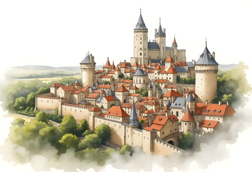 A soft watercolor rendering of Carcassonne, France, highlighting its medieval fortified walls, castle towers, and historic charm on white paper.