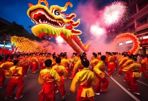 A lively dragon dance parade with performers in colorful costumes, cheering crowds, and dazzling fireworks illuminating the night sky.