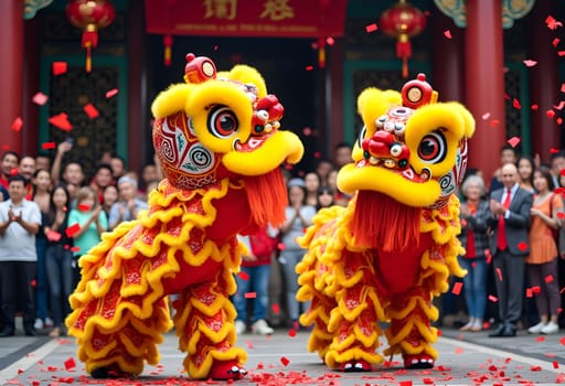 A lively lion dance performance in front of a temple, with colorful costumes, red confetti, and an excited audience cheering.