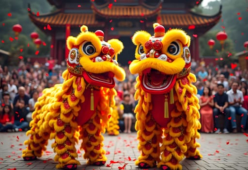 A lively lion dance performance in front of a temple, with colorful costumes, red confetti, and an excited audience cheering.