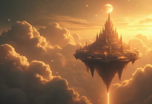 A radiant city rests on floating islands, surrounded by swirling golden clouds and twinkling stars, creating a magical sky scene.