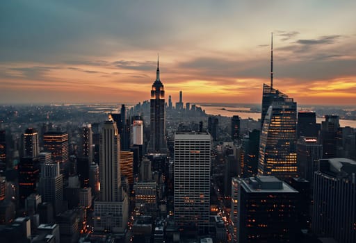 A breathtaking city skyline at dusk, skyscrapers glowing in golden sunset hues while twinkling lights gradually illuminate the urban landscape.