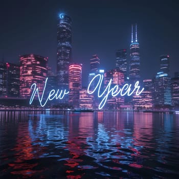 A futuristic skyline illuminated by holographic "New Year" projections, blending modern technology and celebration in a vibrant, glowing city.
