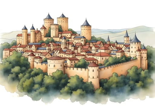 A soft watercolor rendering of Carcassonne, France, highlighting its medieval fortified walls, castle towers, and historic charm on white paper.