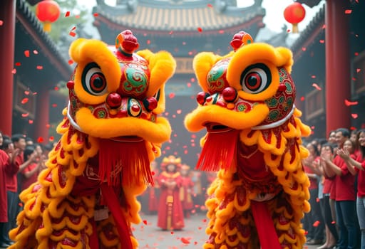 A lively lion dance performance in front of a temple, with colorful costumes, red confetti, and an excited audience cheering.