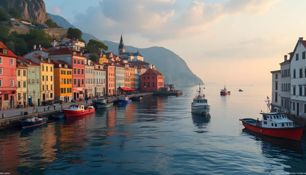 A picturesque coastal town featuring colorful buildings, fishing boats, and a serene sunset over calm waters.
