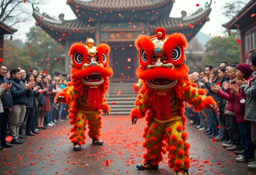 A lively lion dance performance in front of a temple, with colorful costumes, red confetti, and an excited audience cheering.