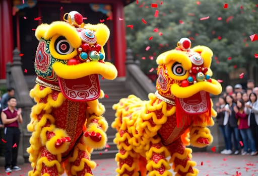 A lively lion dance performance in front of a temple, with colorful costumes, red confetti, and an excited audience cheering.